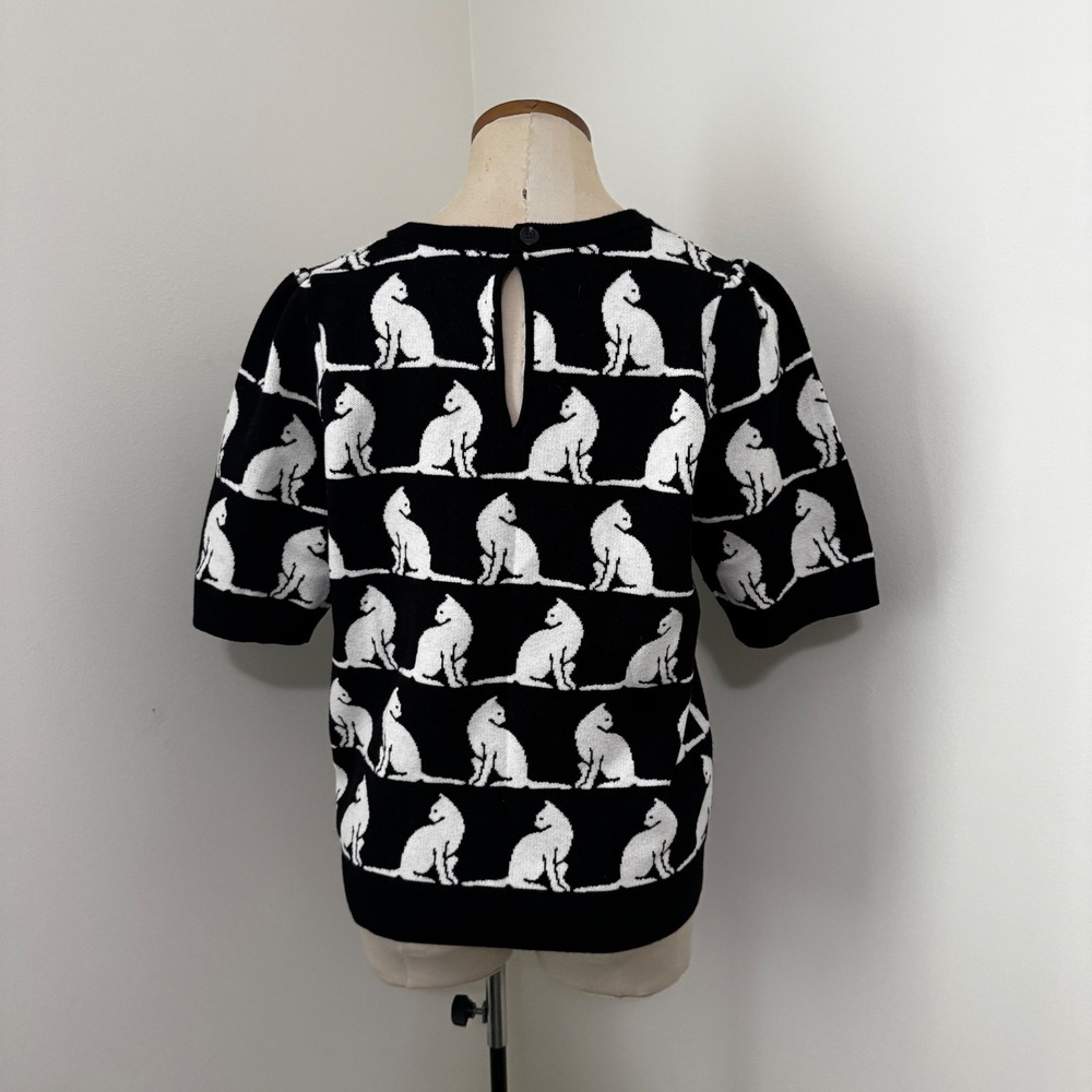 Maeve Medium Black White Cats Short Sleeve Sweater Top Novelty Whimsical - Picture 3 of 7